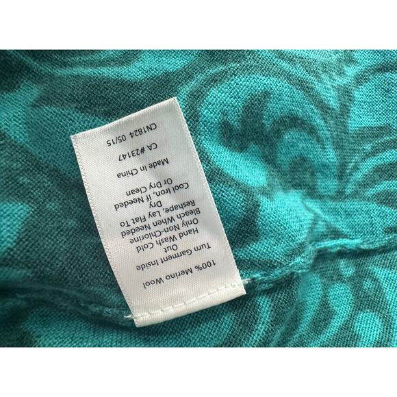Talbots Merino Wool Cardigan Women M Blue Green Fleur de Lis Sweater Floral Top - Picture 4 of 5